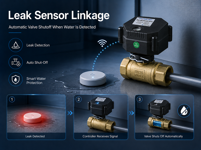 Smart valve controller with water leak sensor linkage for automatic valve shutoff
